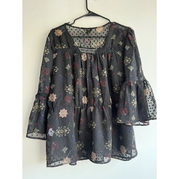 Lucky Brand Peasant Blouse Size L Black Sheer Floral Bell Sleeve Swiss Dot - Picture 2 of 6